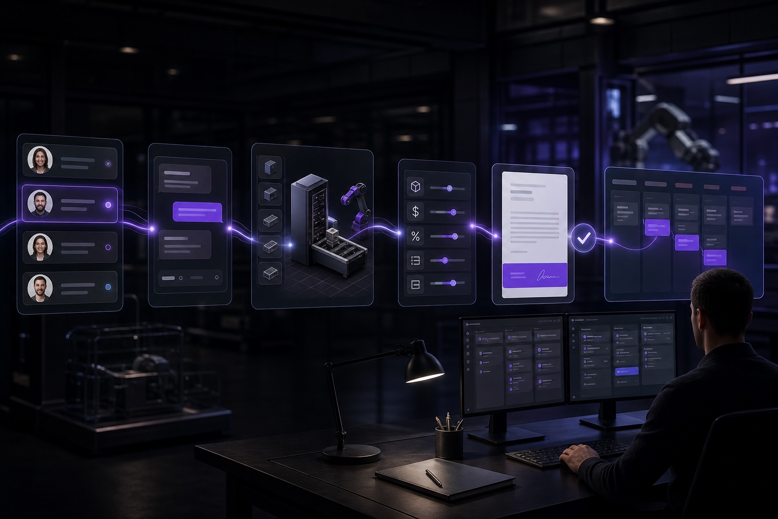 Workflow digitale che collega CRM, configurazione prodotto, regole di prezzo, documento di offerta e pipeline commerciale