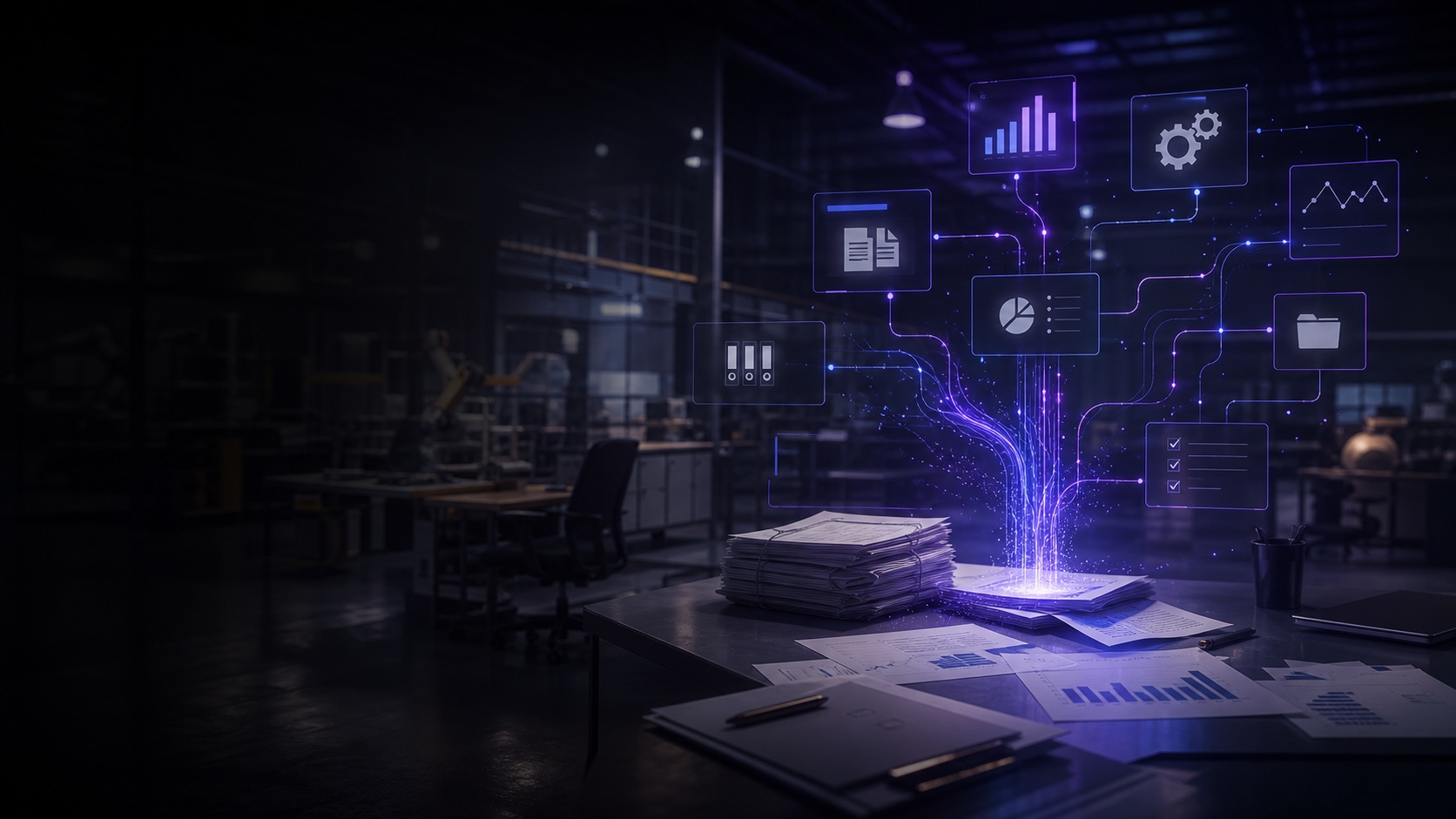 Documenti cartacei che diventano flussi digitali automatizzati in un ambiente industriale B2B