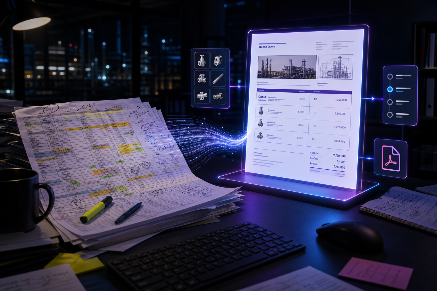 Foglio Excel che si trasforma in un preventivo industriale digitale strutturato con catalogo, prezzi e PDF professionale